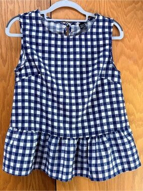 SHEIN Blue and White Gingham Peplum Sleeveless Top Size Small